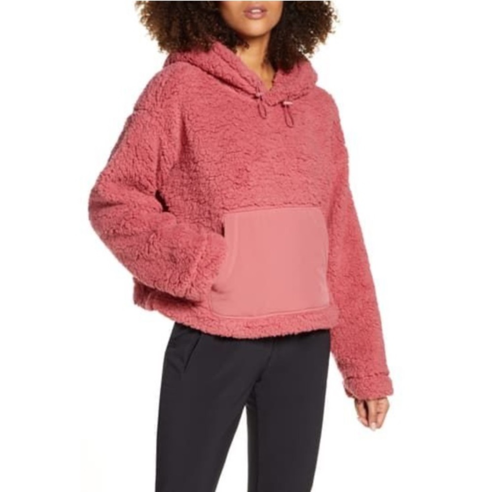 Zella Cassie Faux Shearling Plush Hoodie In Mauve